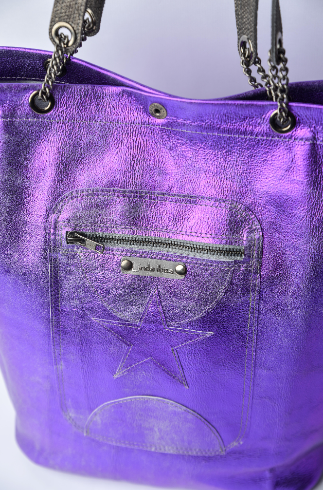 Large metallic purple handmade leather tote bag with star design and front pocket Linda Ibiza Design