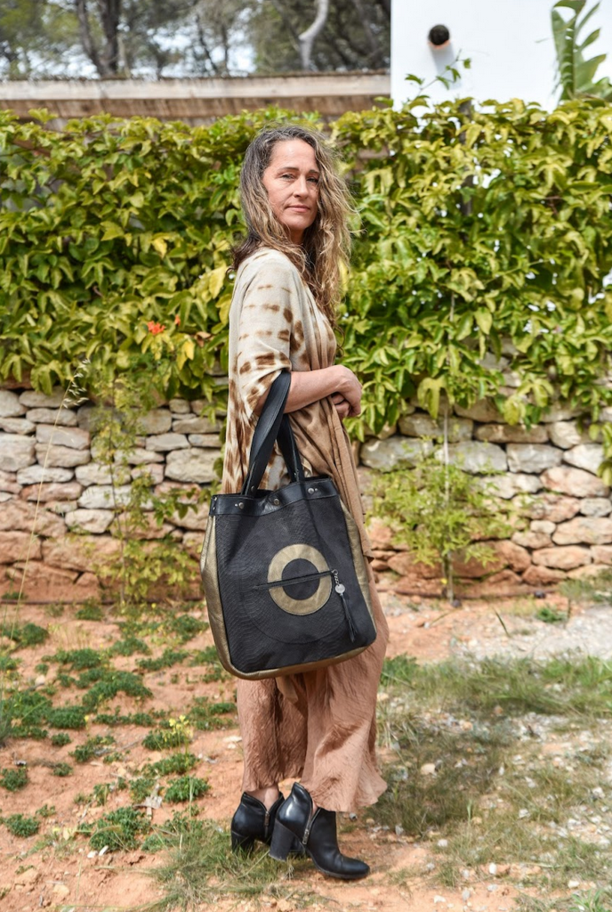 Handmade textured grey leather shopping bag with chain and leather straps.