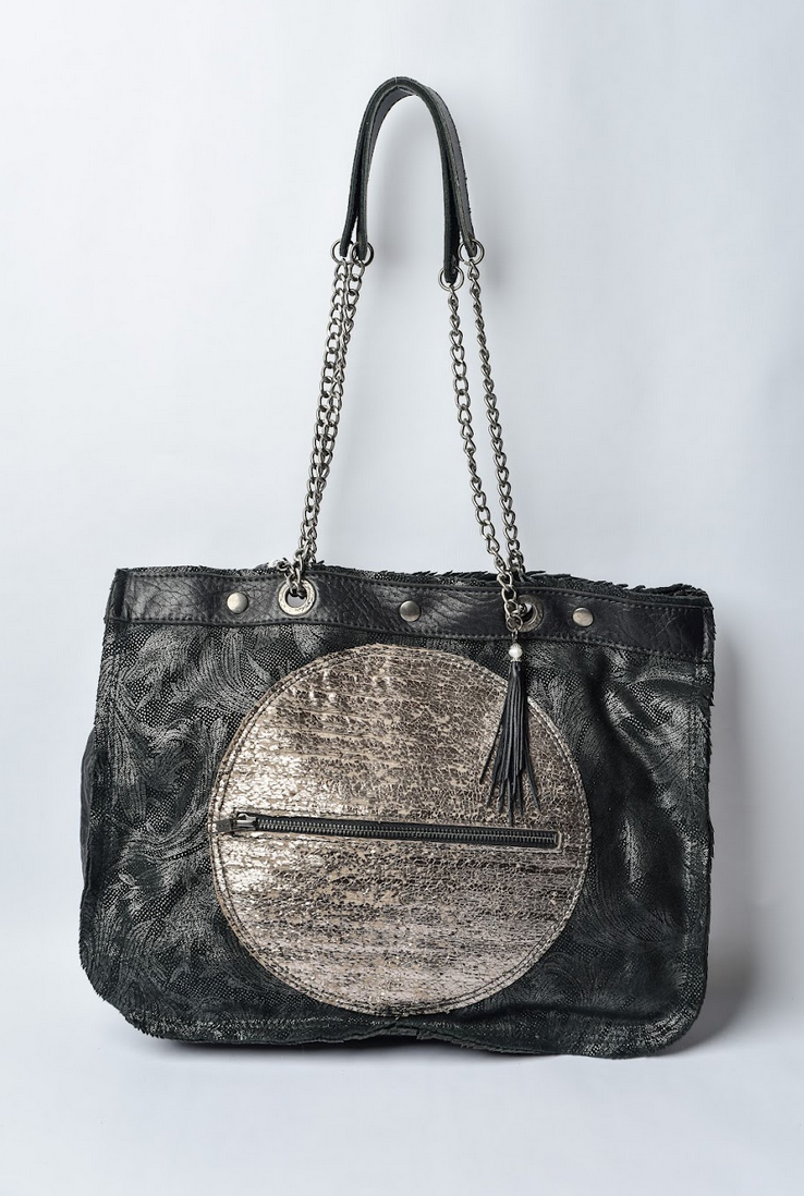 Handmade leather black and gold shopping bag with chain and leather straps