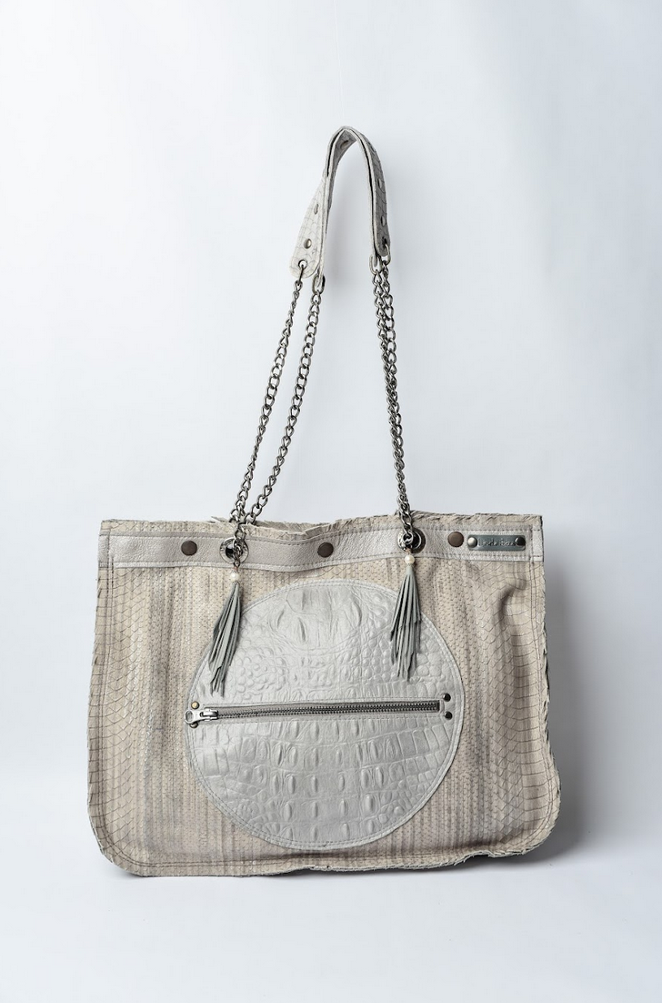 Handmade textured grey leather shopping bag with chain and leather straps.