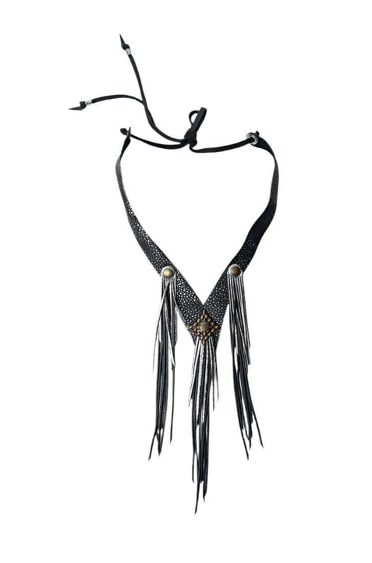 Handmade black textured leather necklace with long leather fringe detail