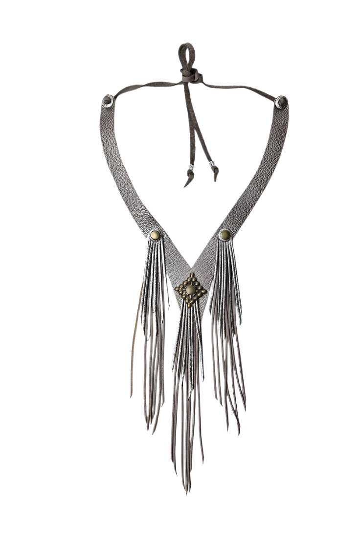 Handmade metallic taupe and silver leather necklace with long leather fringe detail