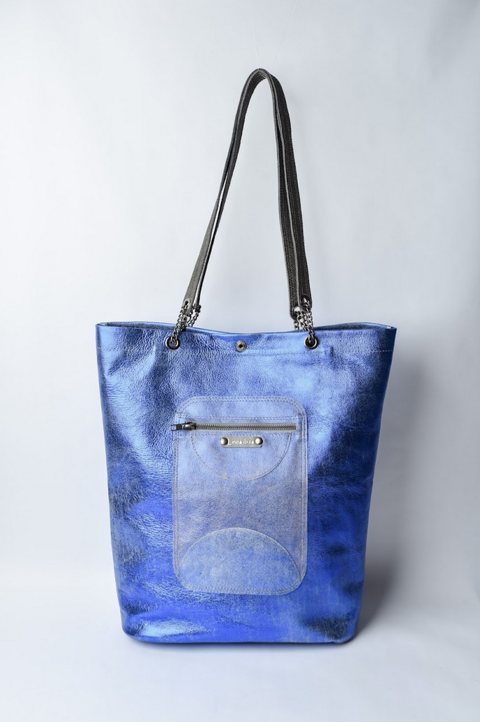 Large metallic blue handmade leather tote bag with star design and front pocket