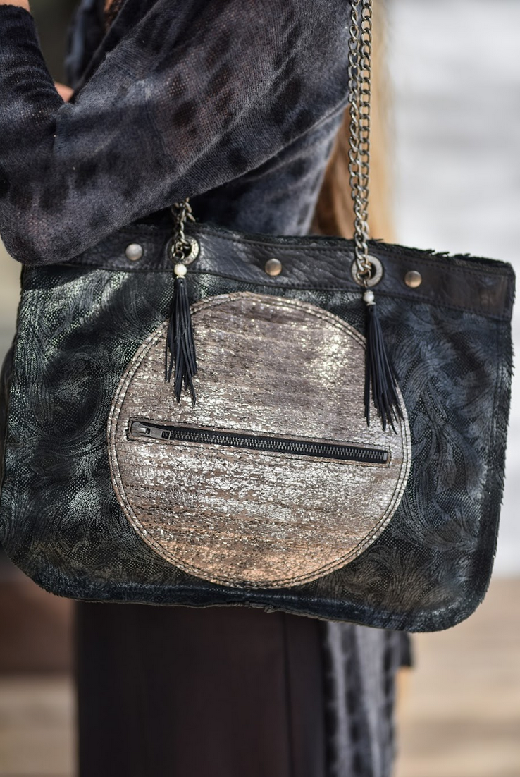 Handmade textured grey leather shopping bag with chain and leather straps.