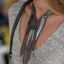 Handmade metallic taupe and silver leather necklace with long leather fringe detail