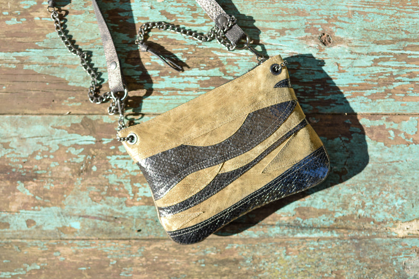 Handmade gold and silver leather handbag with adjustable strap