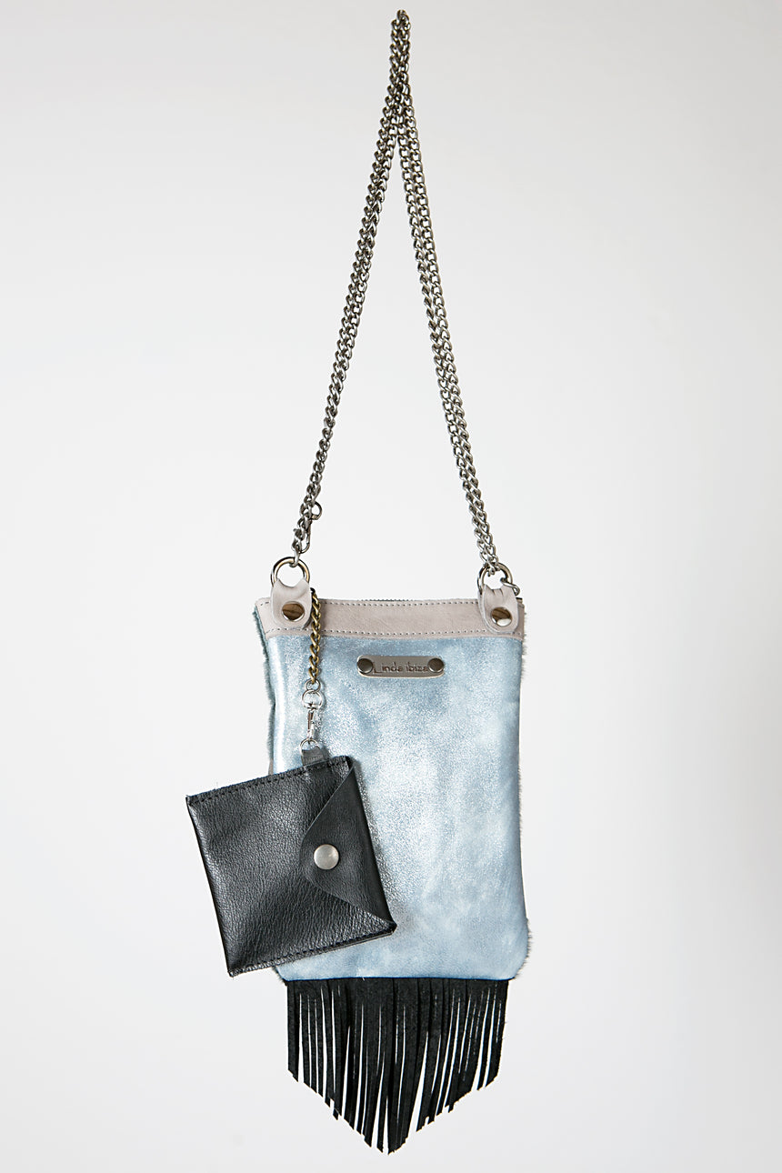 Handmade Leather Party Handbag in Sky Blue and Metallic Grey with Fringe Detail