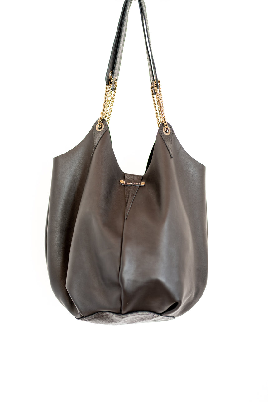 Handmade black leather bucket bag with gold and leather chain shoulder strap Linda Ibiza