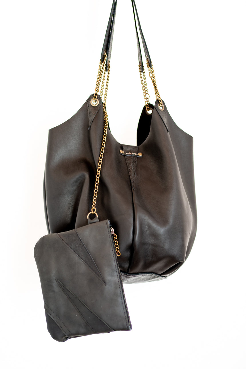 Handmade black leather bucket bag with gold and leather chain shoulder strap Linda Ibiza