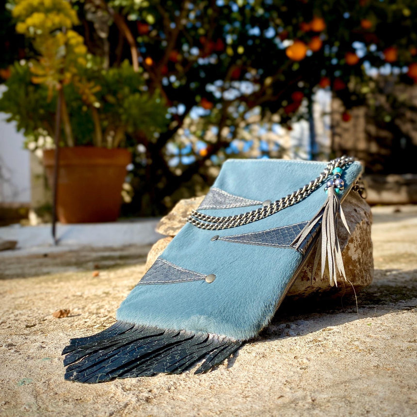 Handmade Leather Party Handbag in Sky Blue and Metallic Grey with Fringe Detail