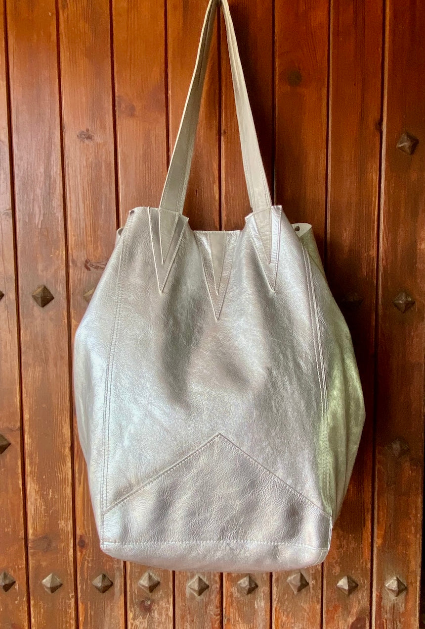 large handmade silver leather tote bag shopping bag Linda Ibiza Design