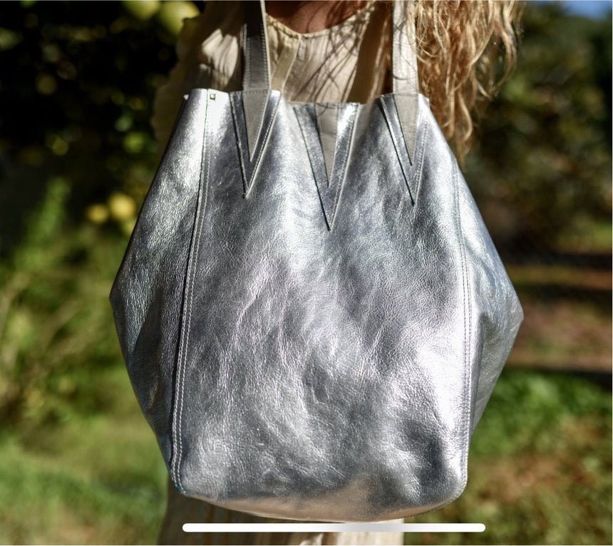 large handmade silver leather tote bag shopping bag Linda Ibiza Design