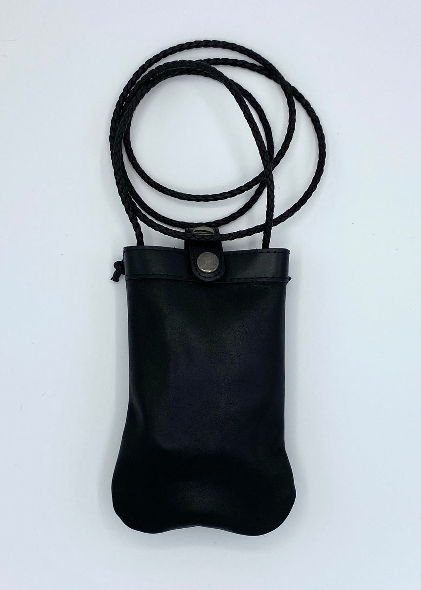 Handmade black smooth leather mobile bag with zip pocket