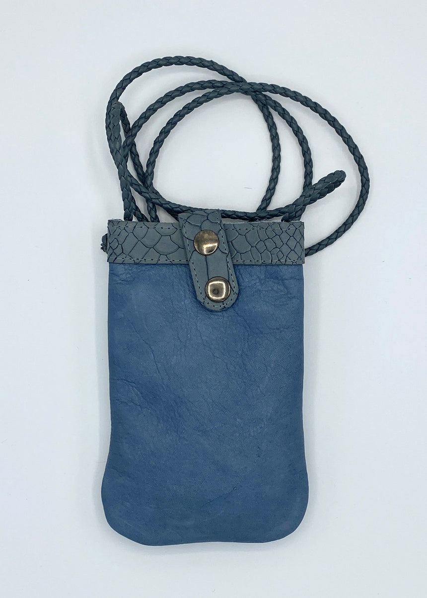 Handmade blue leather mobile bag with zip pocket on the back Linda Ibiza