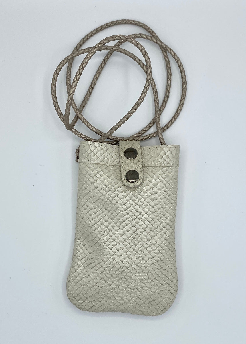 Metallic cream leather mobile bag with zip pocket on the back