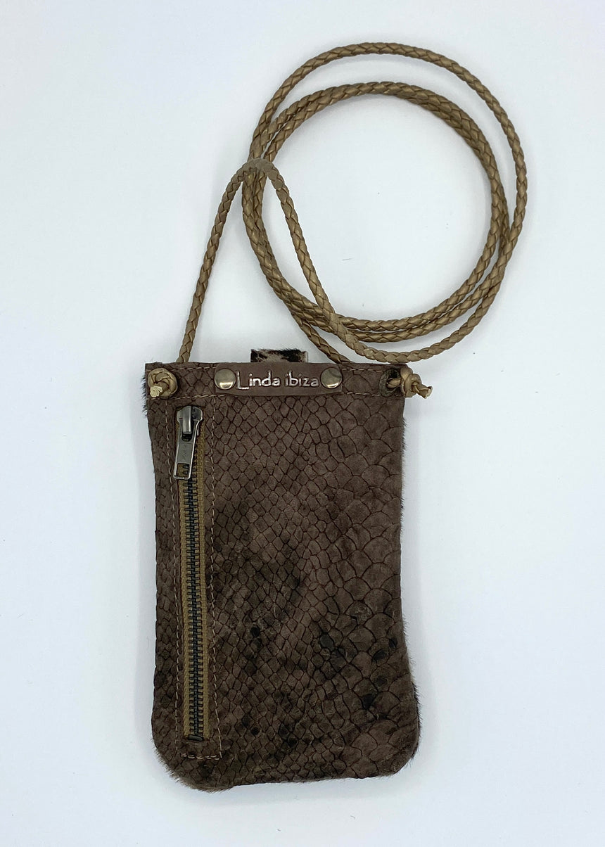 Leather gold and brown mobile bag with zip pocket on the back