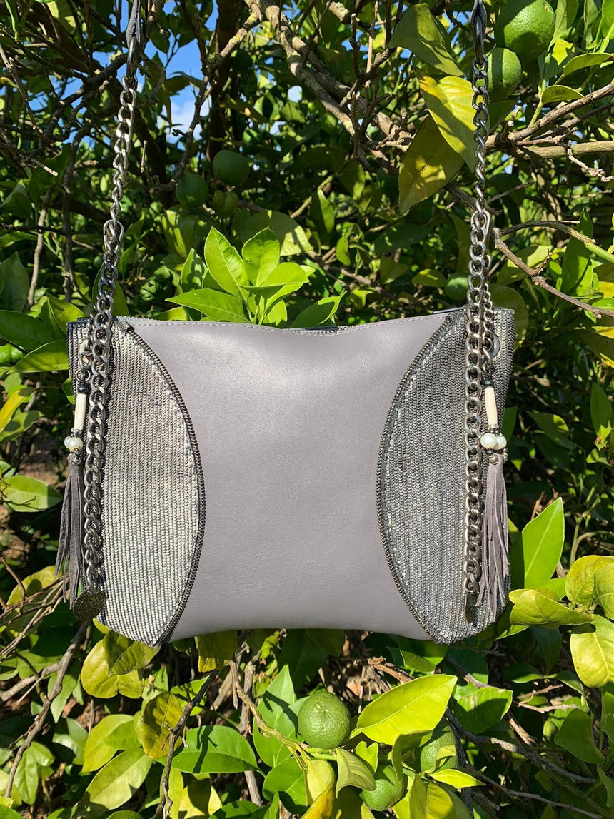 Handmade silver and grey metallic leather Moon handbag Linda Ibiza